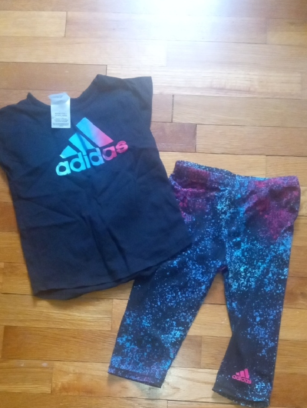 adidas drifit Black Tee with Blue and Pink Speckled Capris 4t